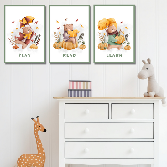 Teddy themed play read learn acrylic poster set